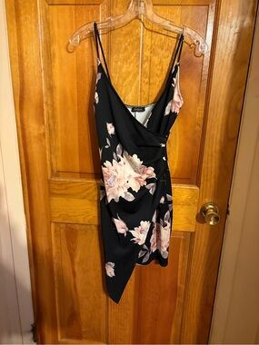 Kimcine Floral Wrap Slip Dress - Black with Pink Blooms